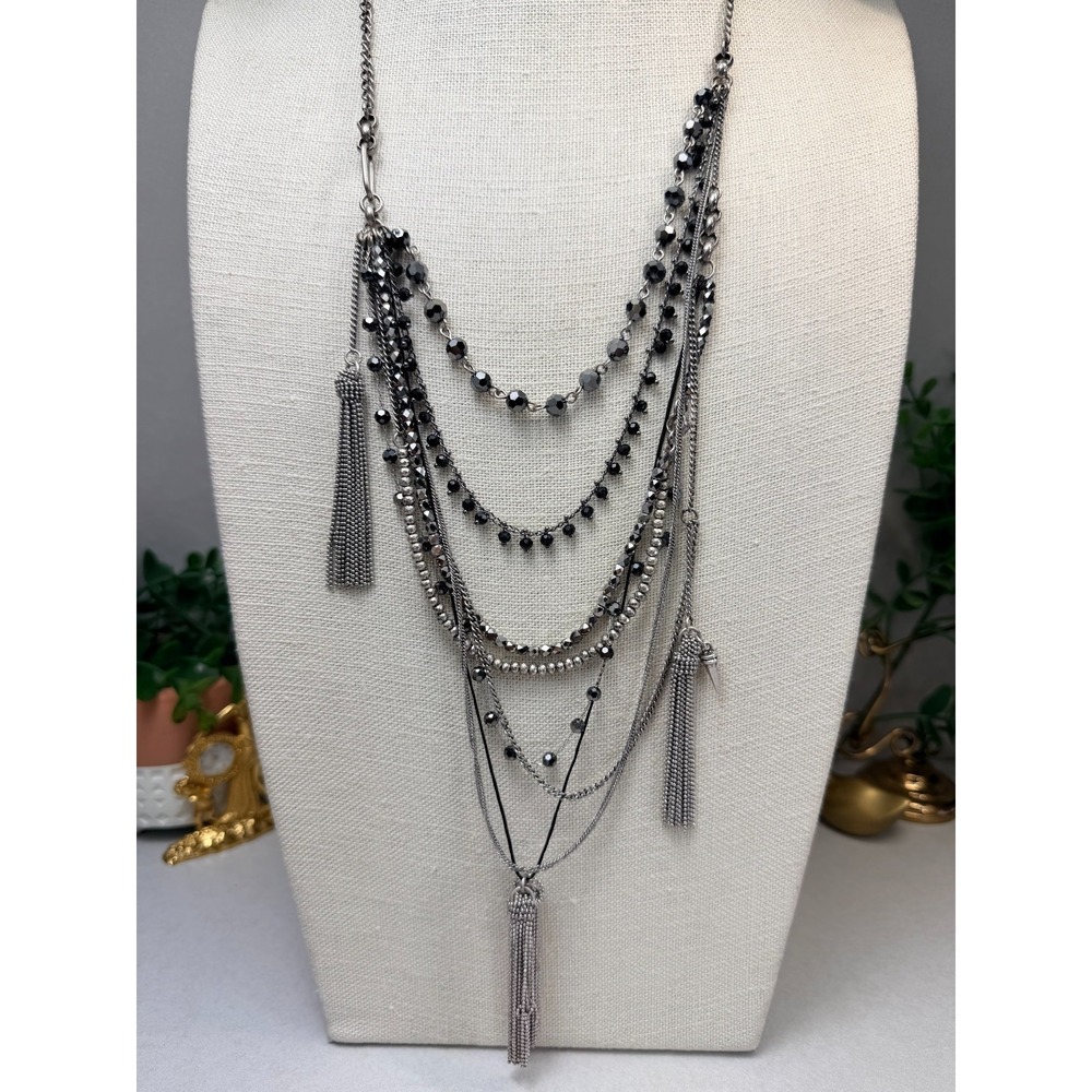 Zara Layered Gunmetal Tassel Multi Strand Statement Necklace NWOT Silver Black